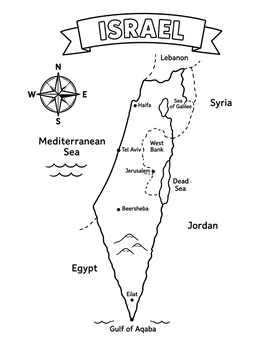 Educational israel coloring page featuring an outline map with major cities, seas, and a compass rose.