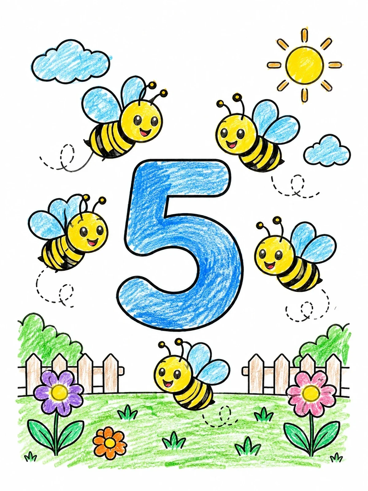Colored example of the Number Five With Buzzing Bees coloring page