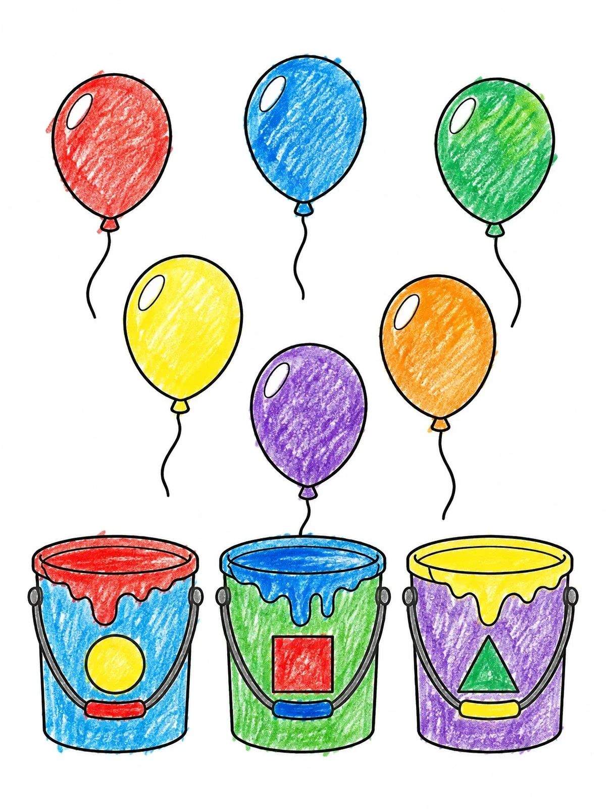 Colored example of the Paint Buckets And Floating Balloons Sorting coloring page