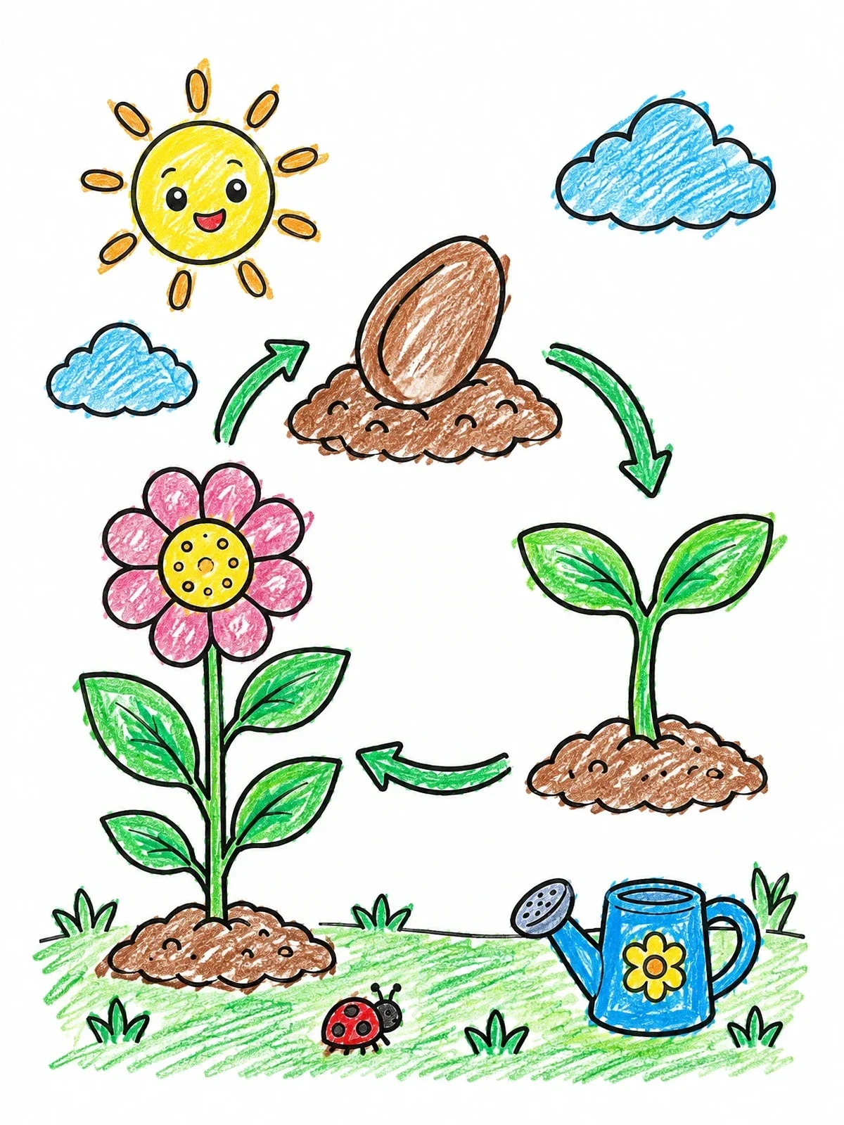 Colored example of the Plant Life Cycle With Smiling Sun coloring page