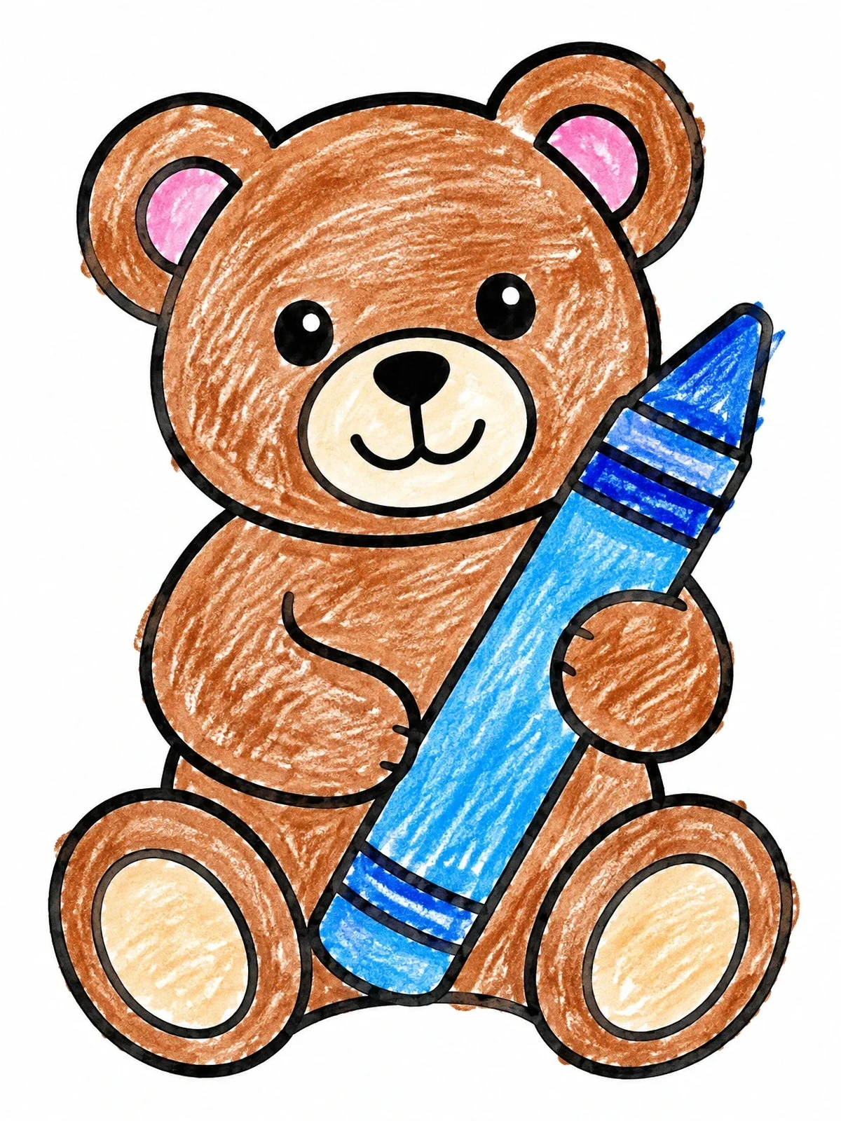 Colored example of the Cute Teddy Bear Holding Big Crayon coloring page