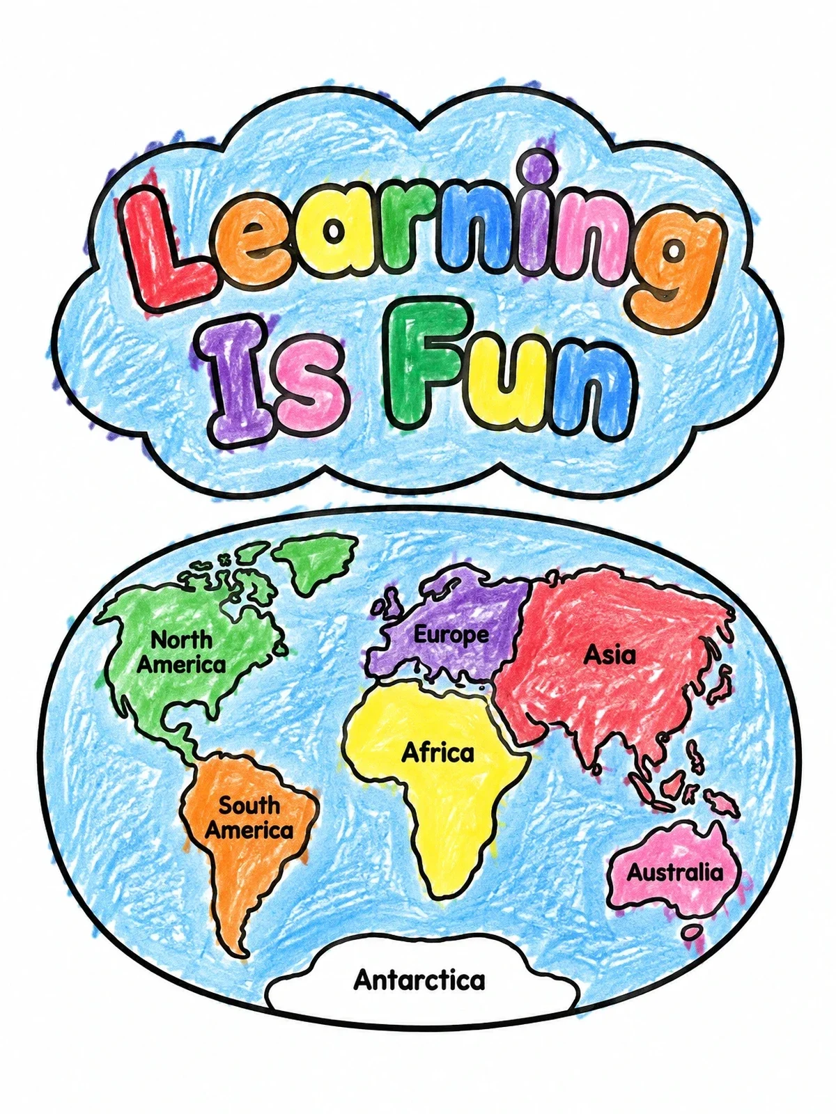 Colored example of the World Map With Continents For Kids coloring page