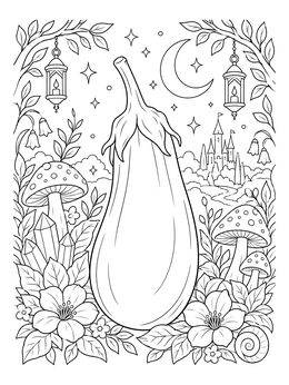 An eggplant coloring page set in a fantasy garden with mushrooms and lanterns.