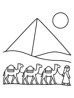 Free printable Camel Caravan By The Pyramids coloring page