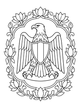 Eagle of Saladin coat of arms framed by lotus blossoms in an egypt coloring page.