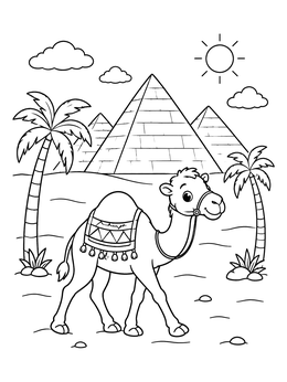 Free printable Friendly Camel By The Pyramids coloring page