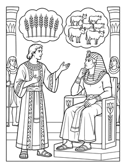 An ancient egypt coloring page showing Joseph explaining dreams of grain and cattle to Pharaoh on his throne.