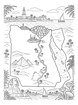 Detailed map of Egypt coloring page with the Nile River, pyramids, and Great Sphinx.