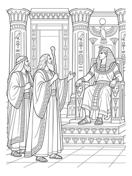 Detailed ancient Egypt coloring page depicting Moses and Aaron confronting Pharaoh in his ornate throne room.