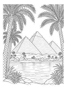 A serene egypt coloring page showing the three pyramids across the water framed by tall date palms.