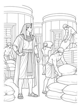 An ancient Egypt coloring page showing an official overseeing workers stacking grain sacks near storehouses.