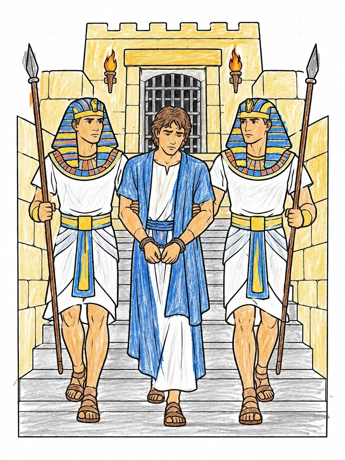 Colored example of the Egyptian Guards Escorting Bound Joseph coloring page