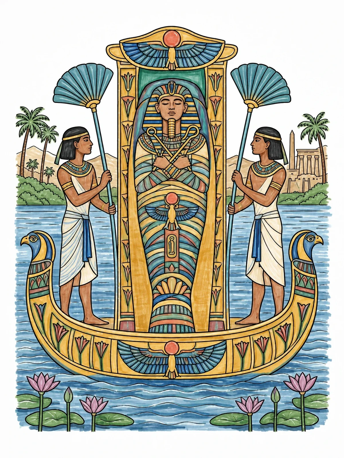 Colored example of the Egyptian Mummy On Nile Sacred Barque coloring page