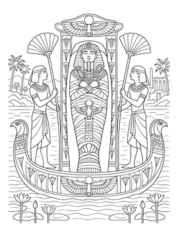 An ornate mummy coloring page featuring a pharaoh sarcophagus on a ceremonial river boat with attendants.