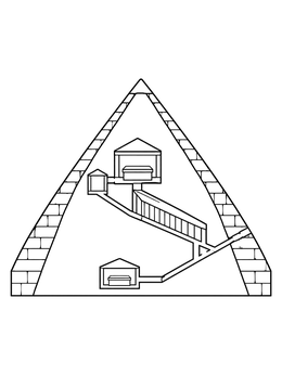 An ancient Egypt coloring page showing a cross-section diagram of secret pyramid chambers and tunnels.