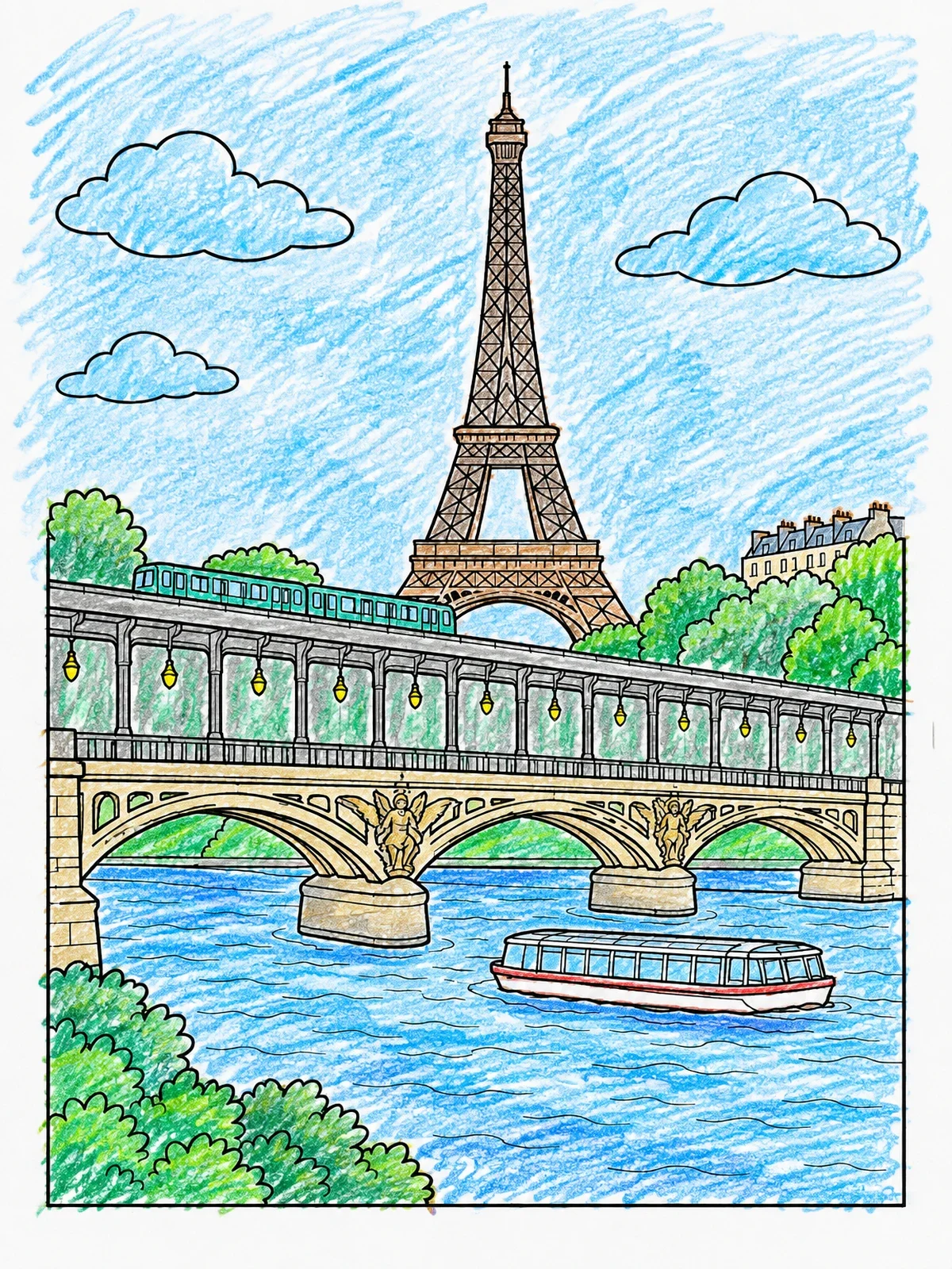 Colored example of the Eiffel Tower And Bir Hakeim Bridge coloring page