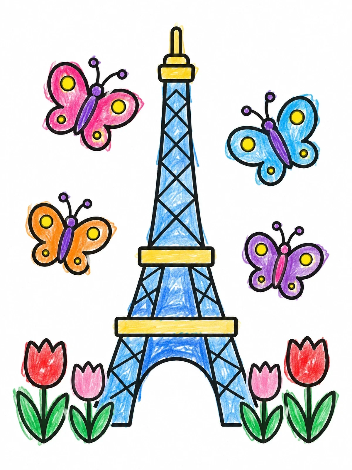 Colored example of the Eiffel Tower With Butterflies And Tulips coloring page