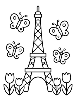 Free printable Eiffel Tower With Butterflies And Tulips coloring page