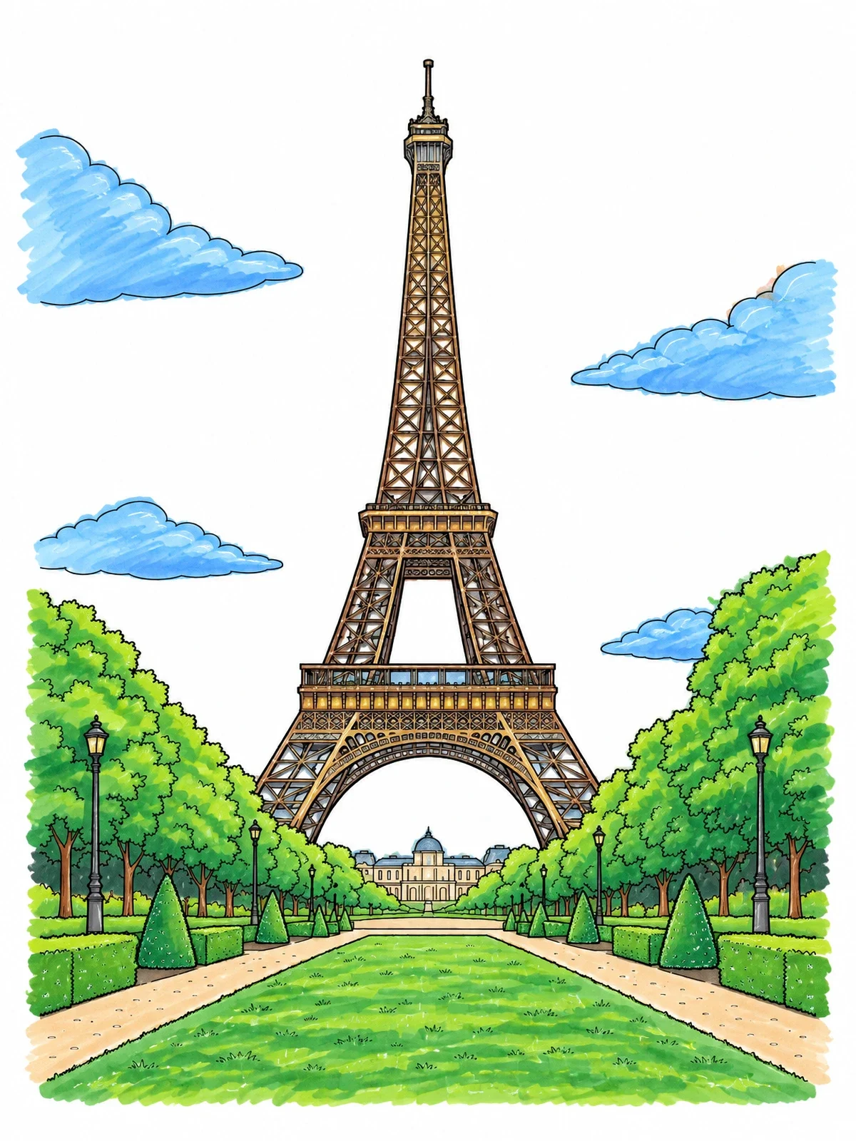 Colored example of the Eiffel Tower Over Champ De Mars Gardens coloring page