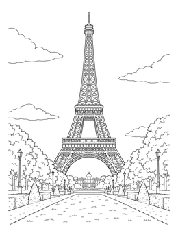 Free printable Eiffel Tower Over Champ De Mars Gardens coloring page