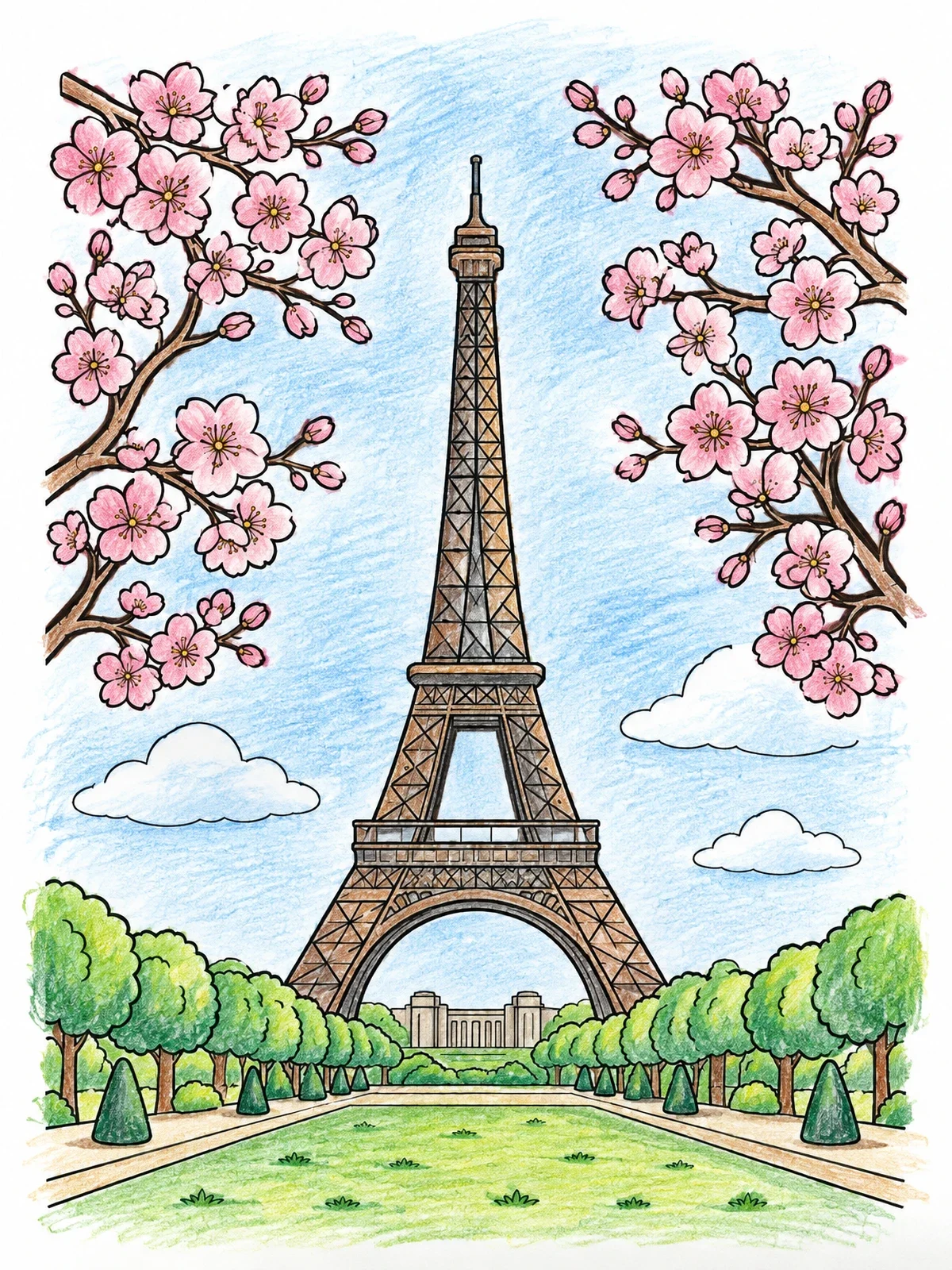Colored example of the Eiffel Tower Framed By Cherry Blossoms coloring page