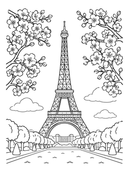 Free printable Eiffel Tower Framed By Cherry Blossoms coloring page