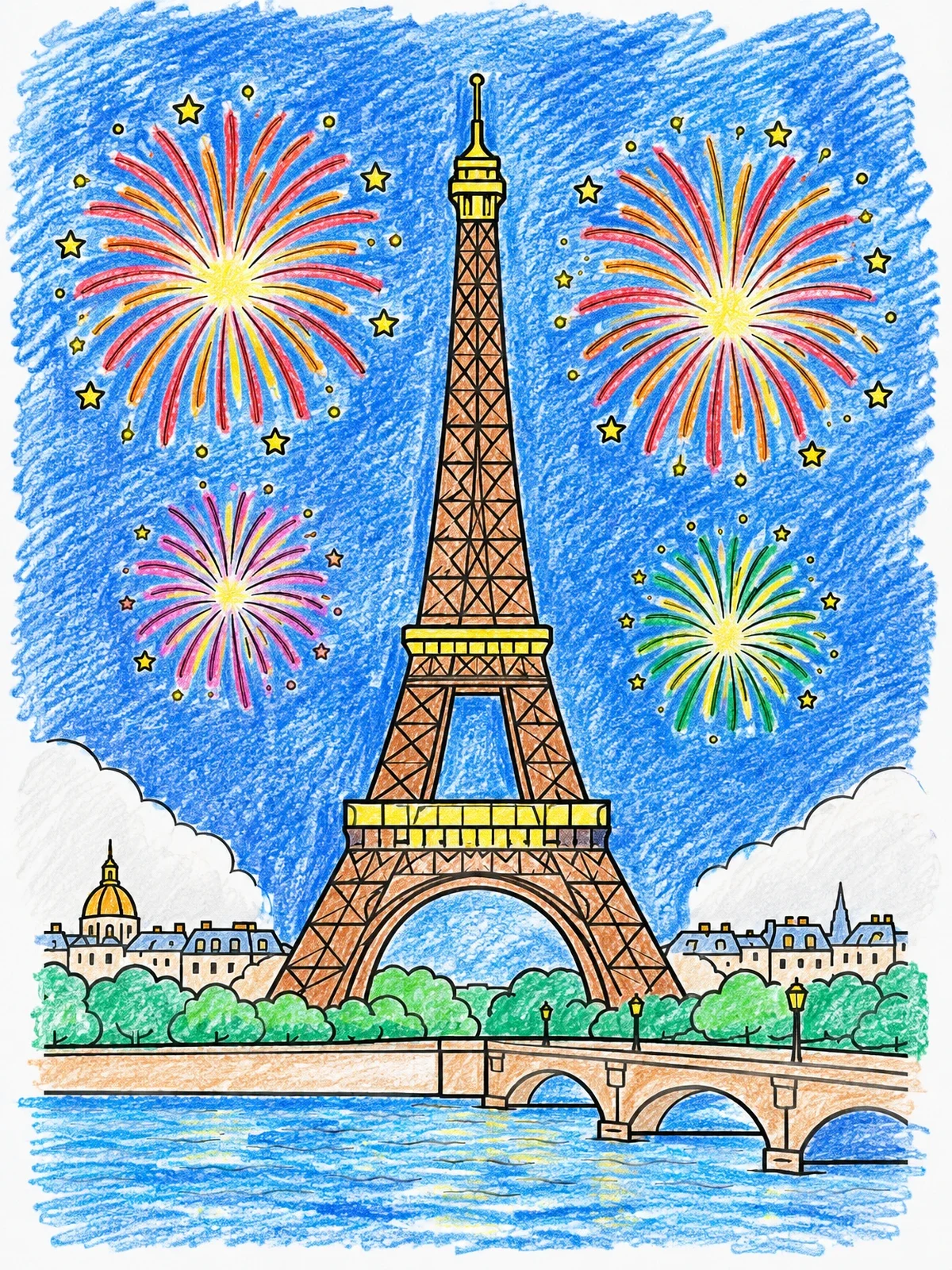 Colored example of the Eiffel Tower With Fireworks Over Paris coloring page