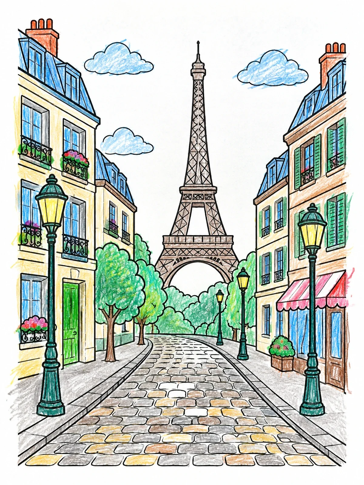 Colored example of the Parisian Street Leading To The Eiffel Tower coloring page