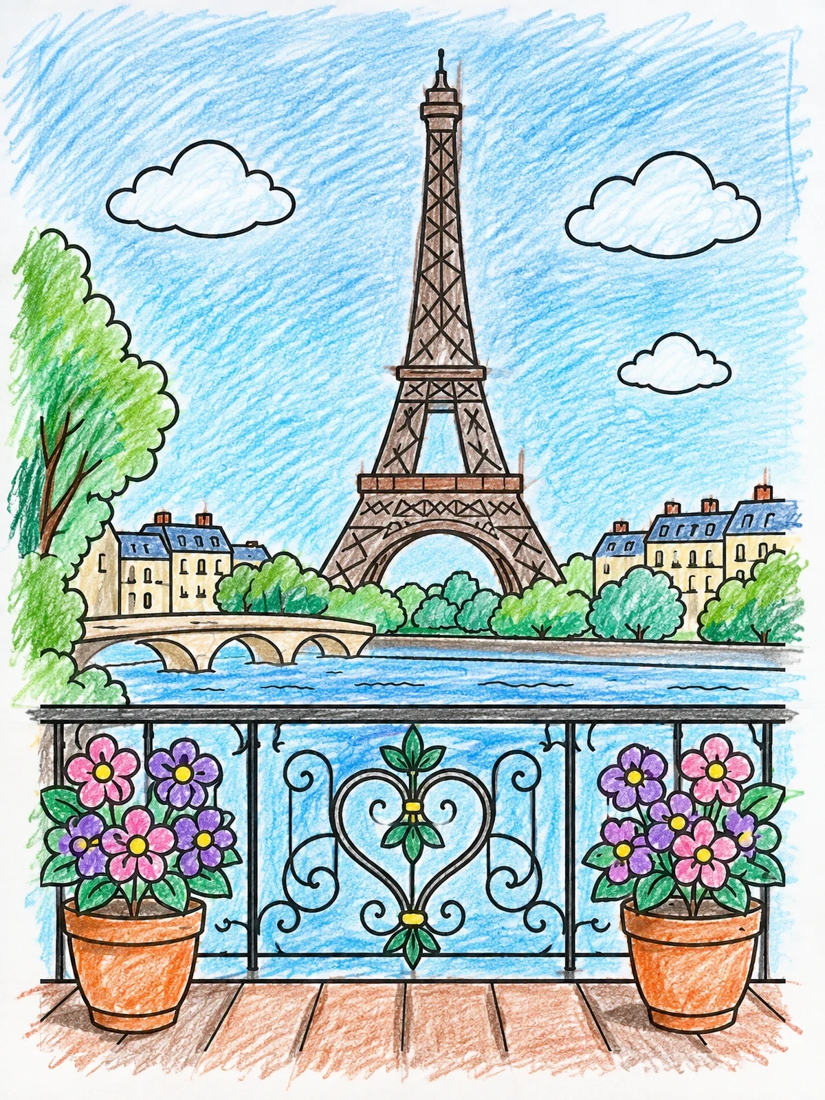 Colored example of the Eiffel Tower View From Balcony coloring page