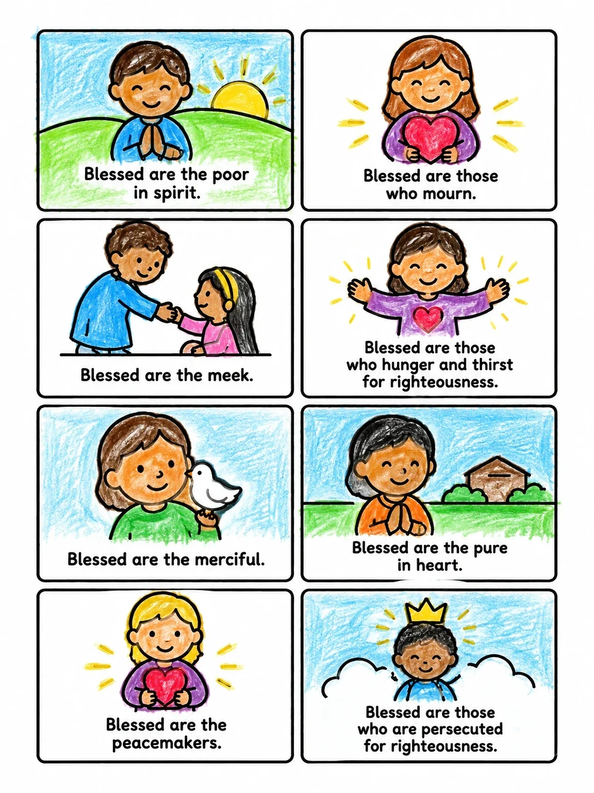 Colored example of the The Eight Beatitudes Grid For Kids coloring page
