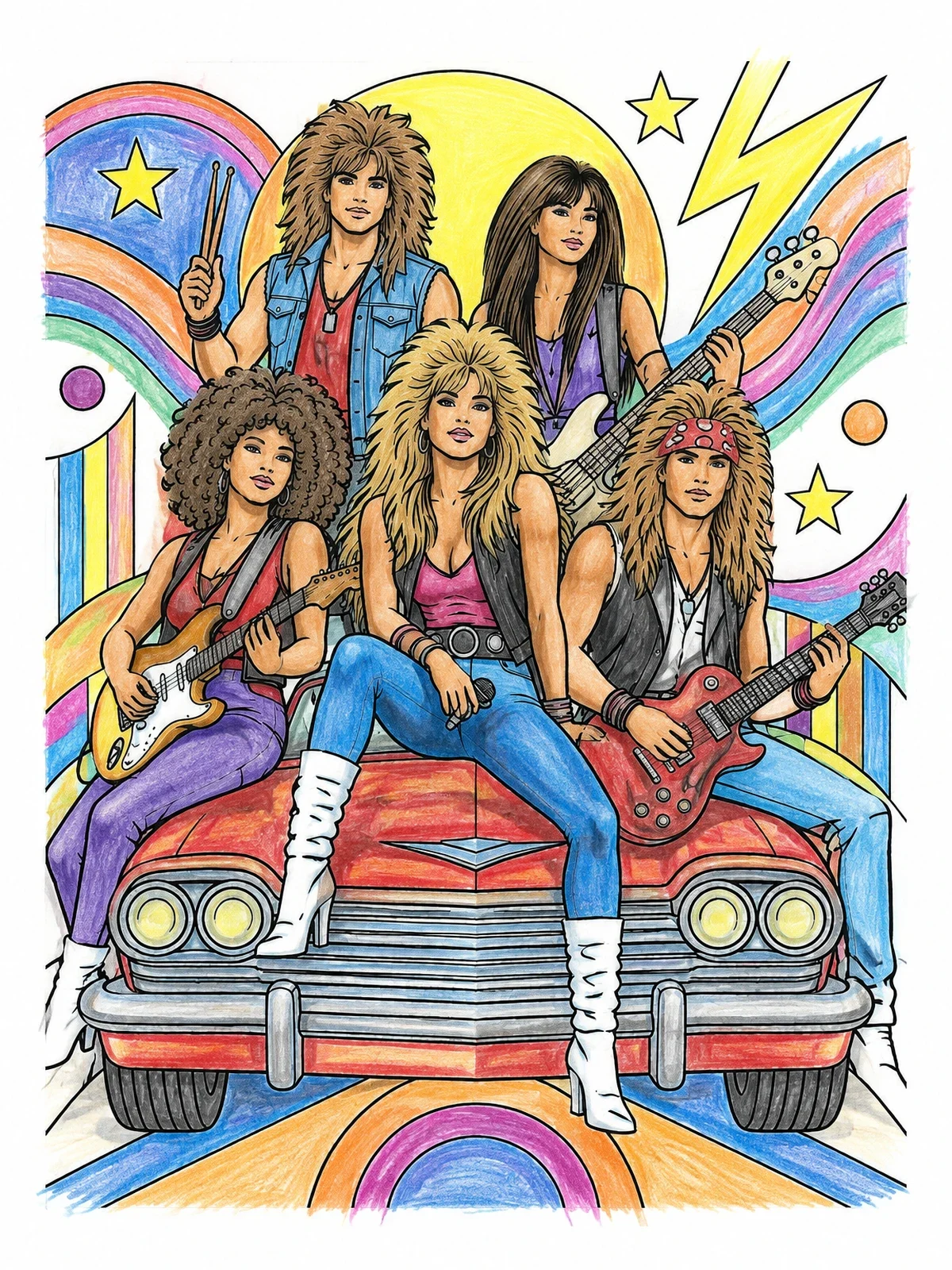 Colored example of the Eighties Rock Band On Vintage Car coloring page