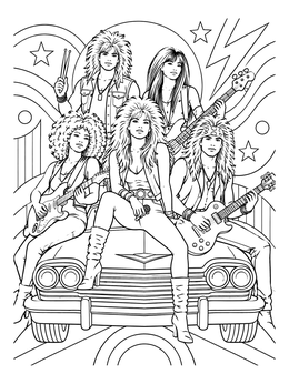 Free printable Eighties Rock Band On Vintage Car coloring page