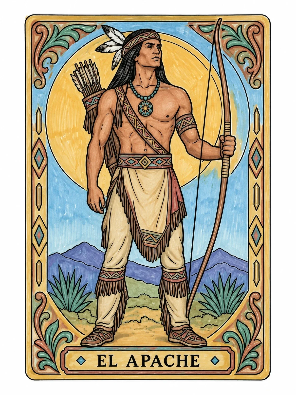 Colored example of the El Apache Loteria Card coloring page