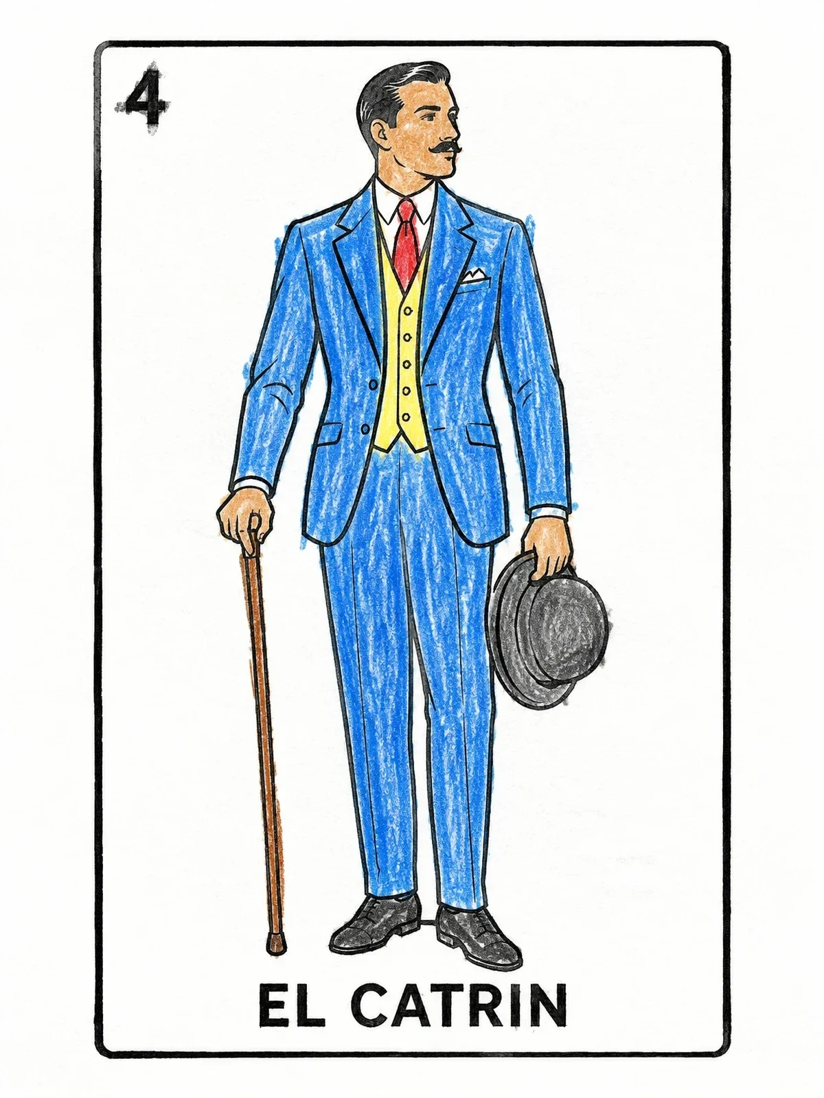 Colored example of the El Catrin Loteria Card coloring page