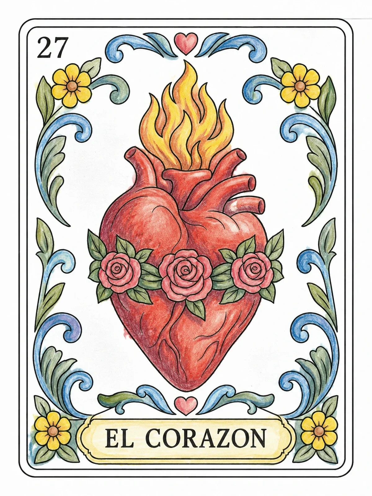 Colored example of the El Corazon Mexican Loteria Card coloring page