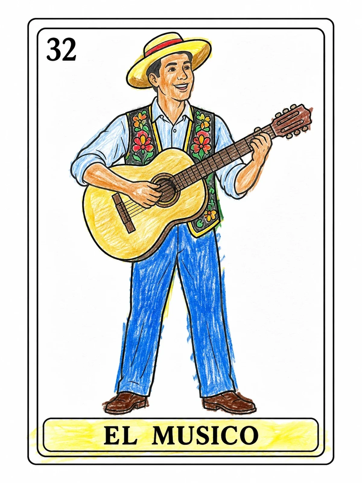 Colored example of the El Músico Mexican Loteria Card coloring page