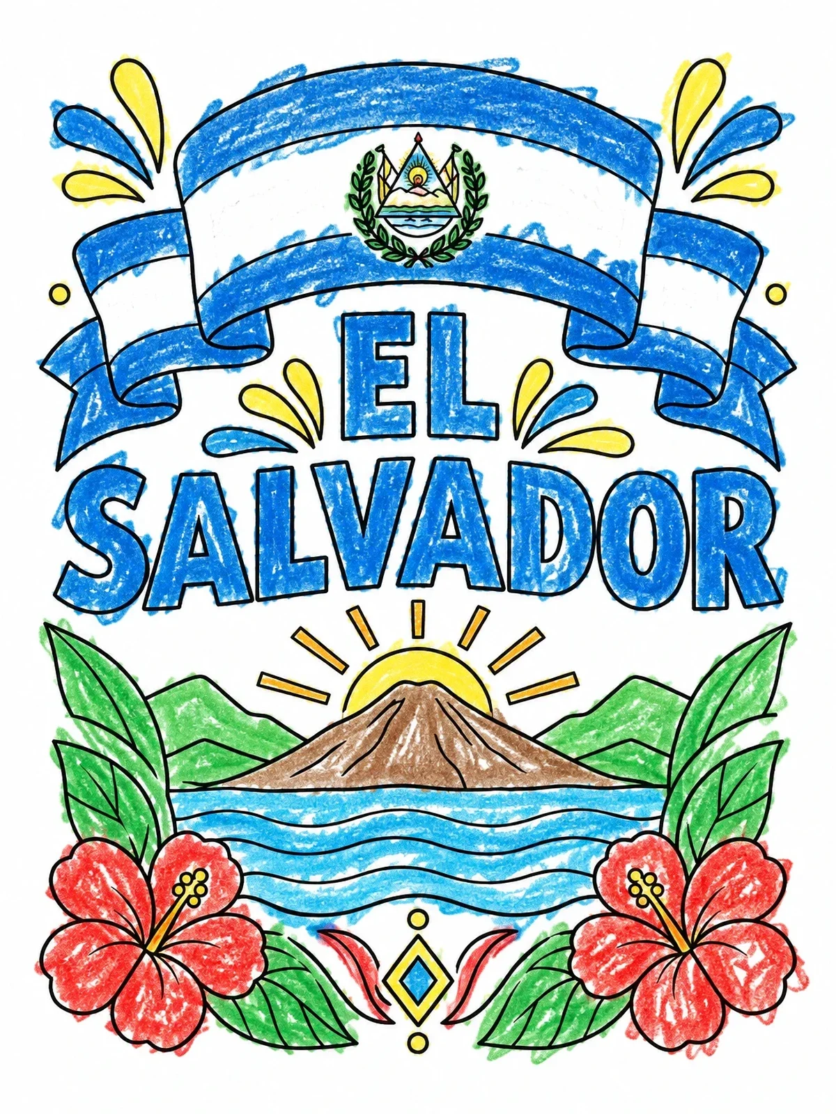 Colored example of the El Salvador Flag And Volcano Emblem coloring page