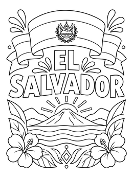 Free printable El Salvador Flag And Volcano Emblem coloring page