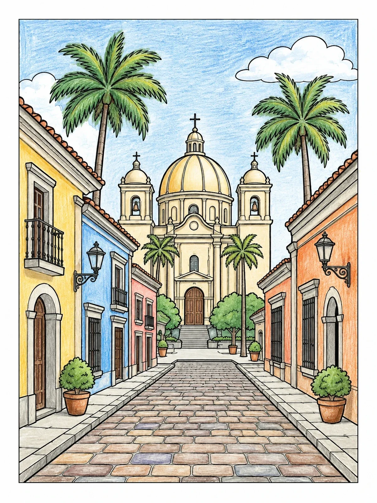 Colored example of the Historic Street With Cathedral Dome coloring page
