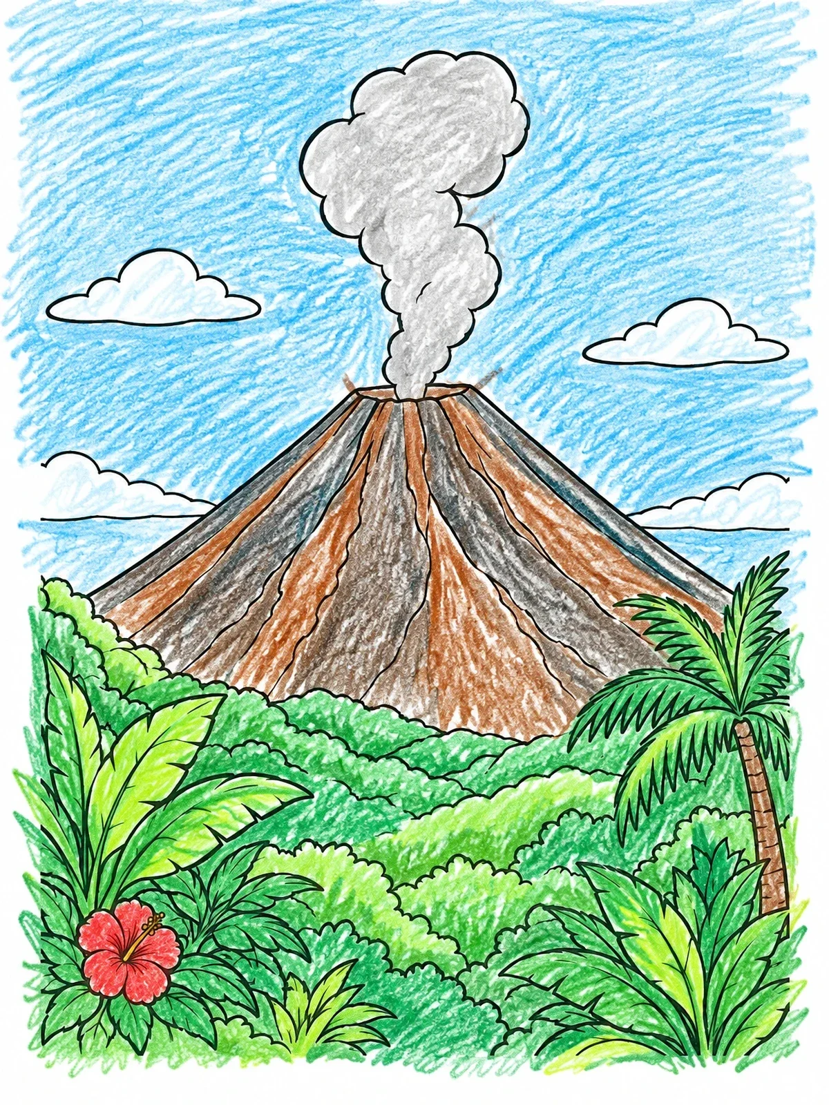 Colored example of the Izalco Volcano And Tropical Plants coloring page
