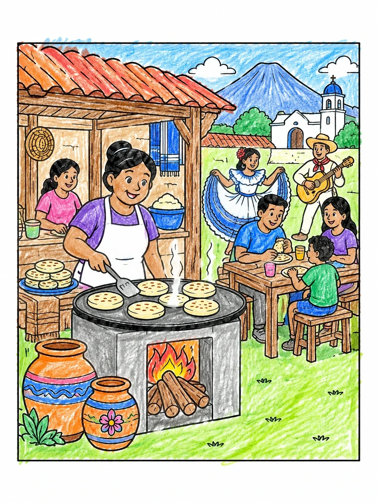 Colored example of the Lively Salvadoran Pupuseria Scene coloring page