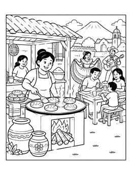 Free printable Lively Salvadoran Pupuseria Scene coloring page
