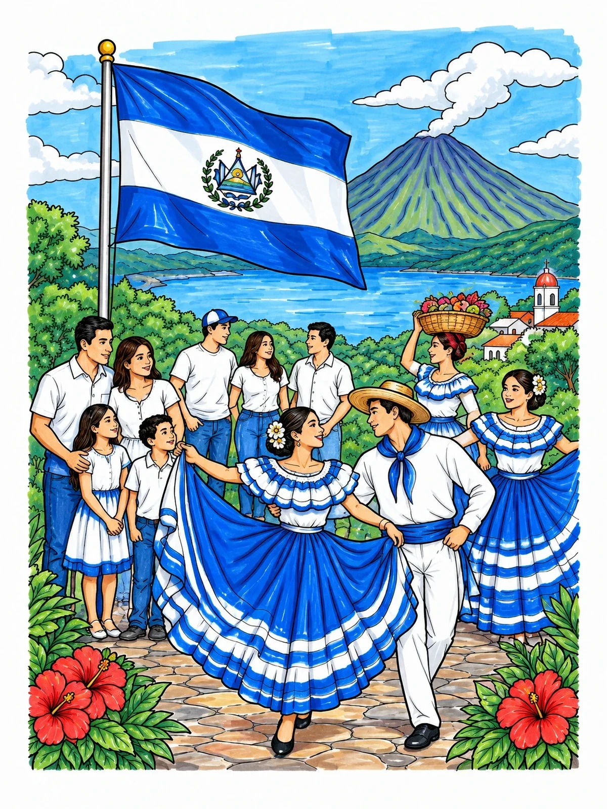 Colored example of the Salvadoran Folk Dance And Flag coloring page