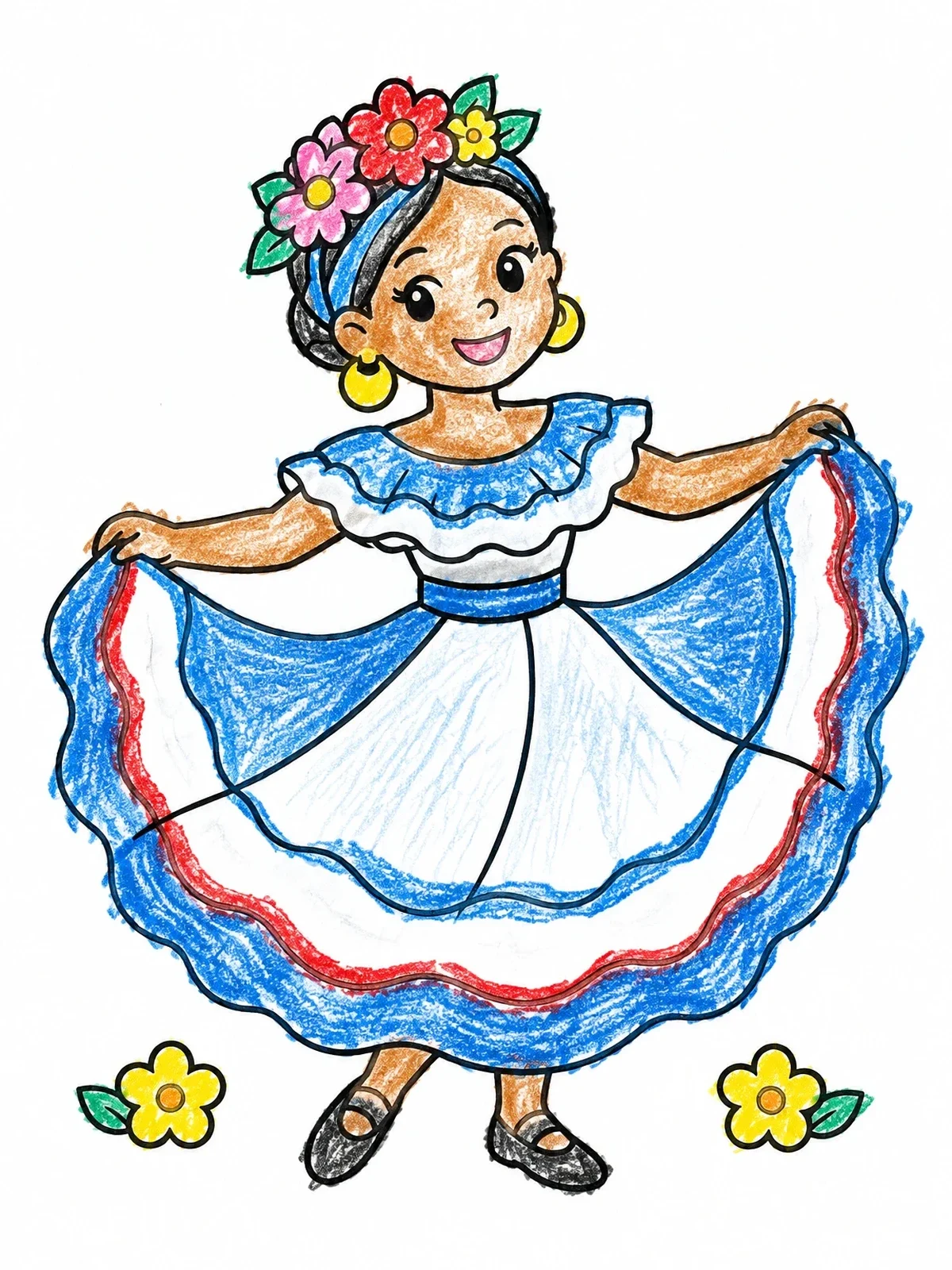 Colored example of the Salvadoran Folkloric Dancer Girl coloring page