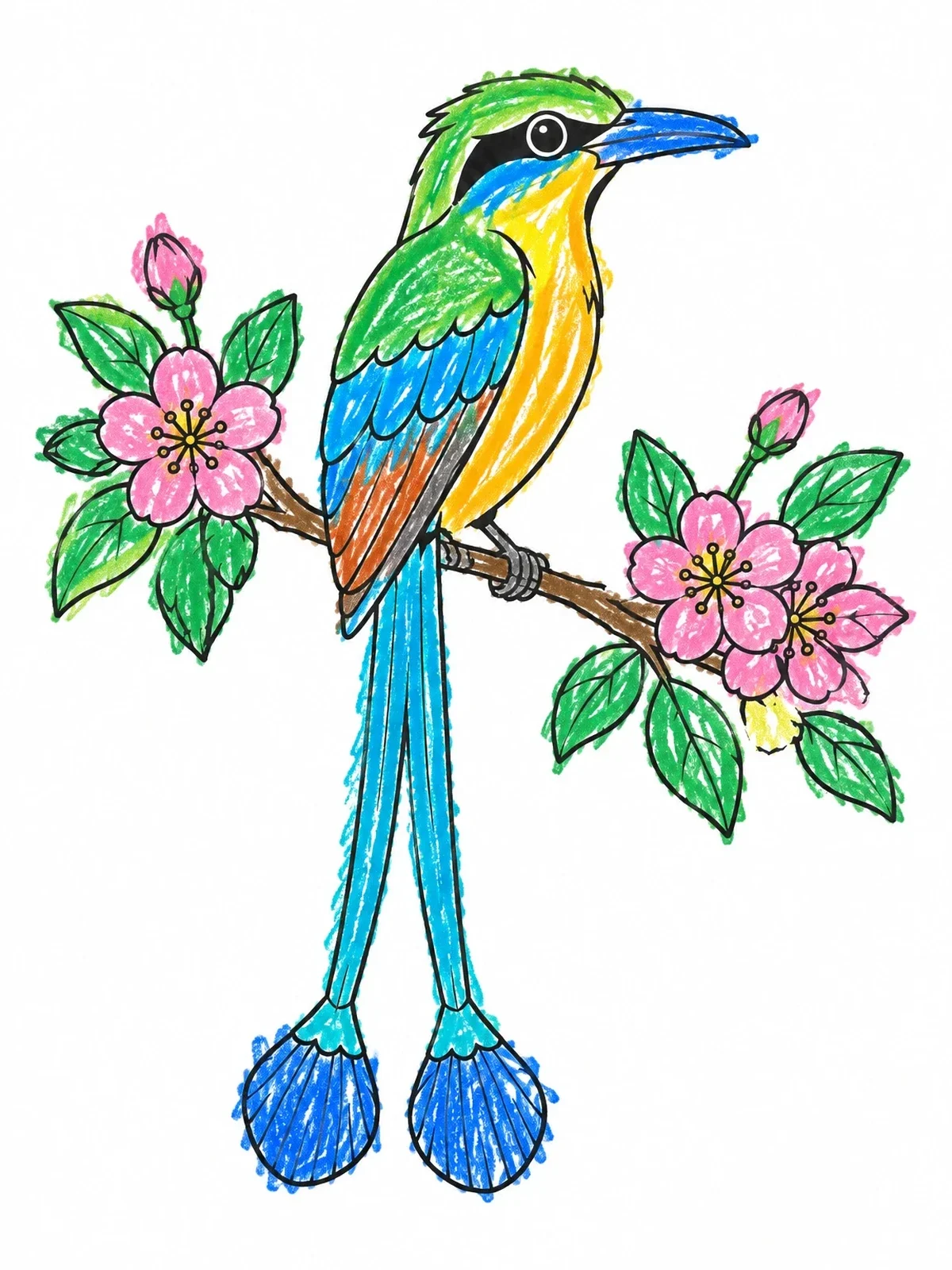Colored example of the Torogoz Bird On Flowering Branch coloring page