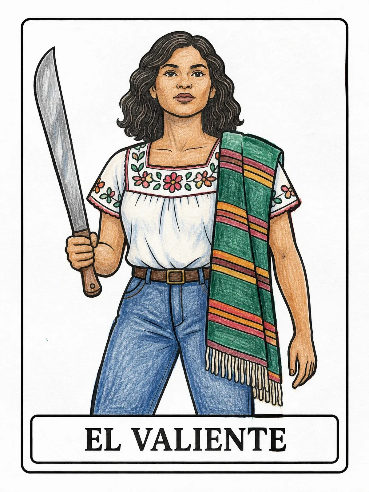 Colored example of the El Valiente Mexican Loteria Card coloring page