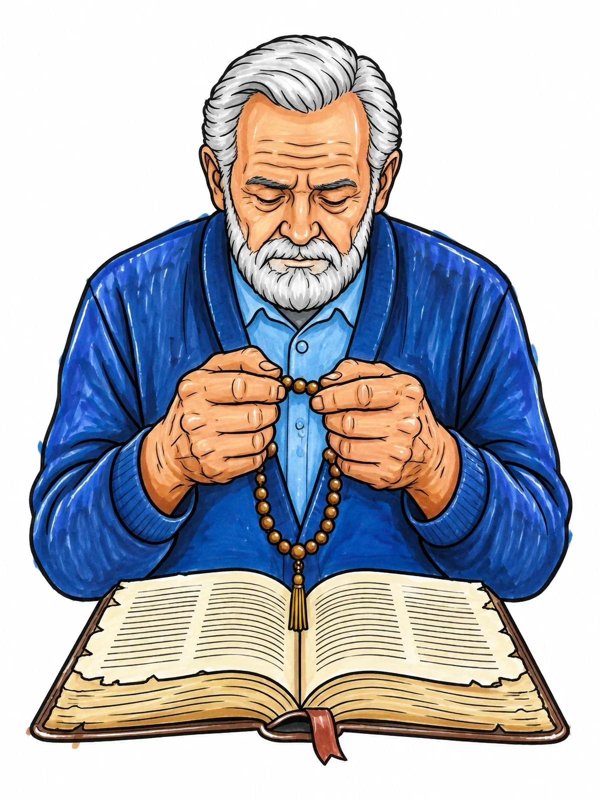 Colored example of the Elder Man Praying With Beads coloring page