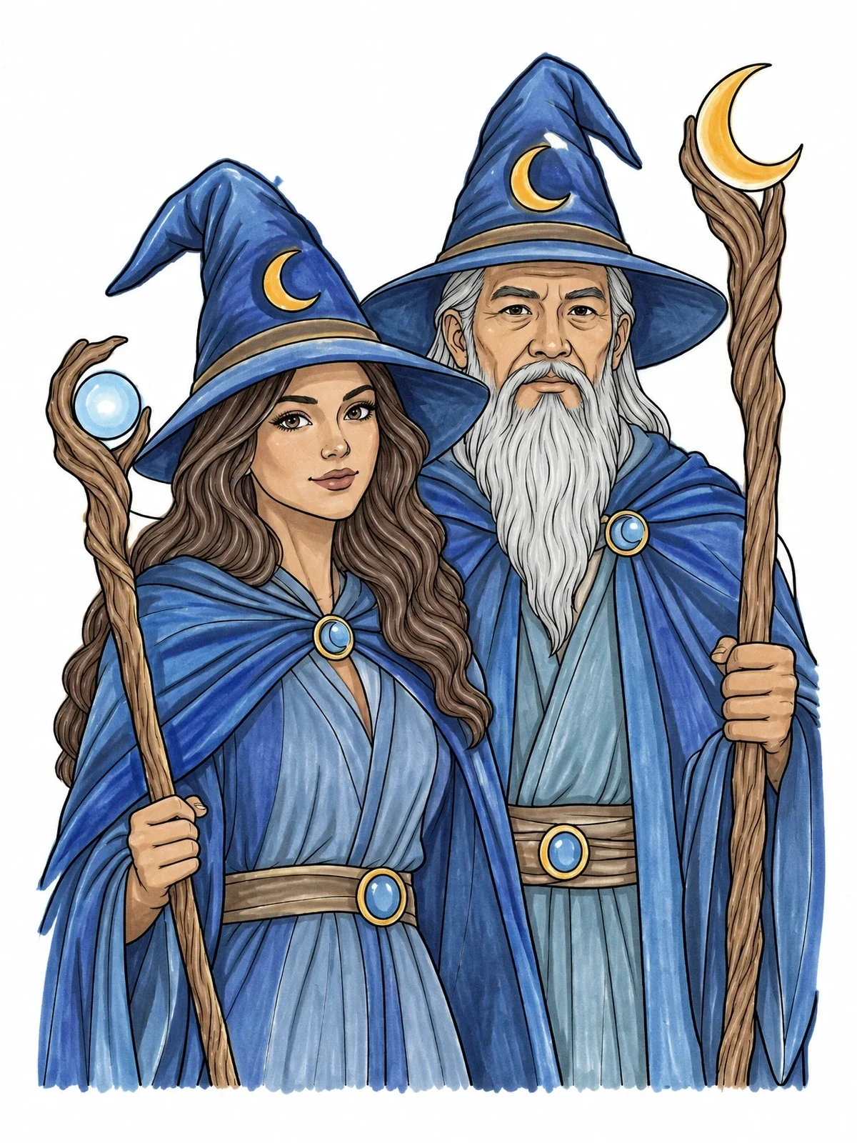 Colored example of the Wise Elder Wizard And Young Sorceress coloring page
