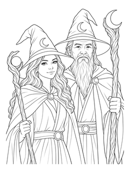 An elder wizard and young sorceress hold magical wooden staves on this wizard coloring page.