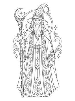 An elder wizard coloring page featuring ornate robes and a crescent moon staff.